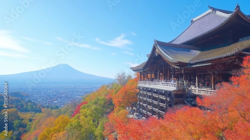 Obraz na płótnie Scenic View of Temple with Mount Fuji and Autumn Foliage in Japan w salonie