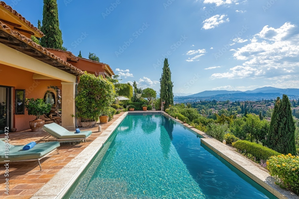 Obraz premium Stylish Villa with Scenic Pool and Lush Garden: A Luxurious Retreat in Modern Architecture