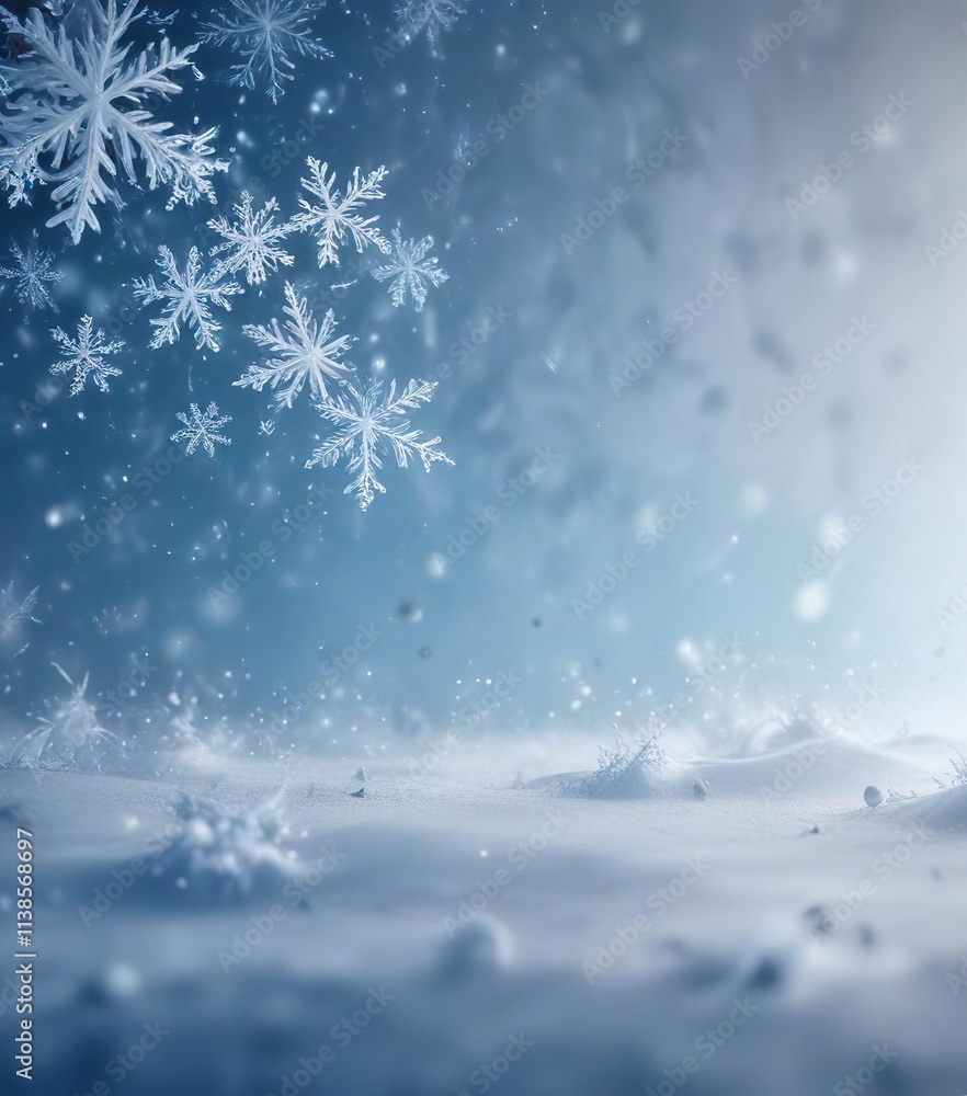 Dreamy White and Blue Gradient Background with Falling Ethereal Snowflakes, symmetry, dreamy Dreamy White and Blue Gradient Background with Falling Ethereal Snowflakes, symmetry, dreamy