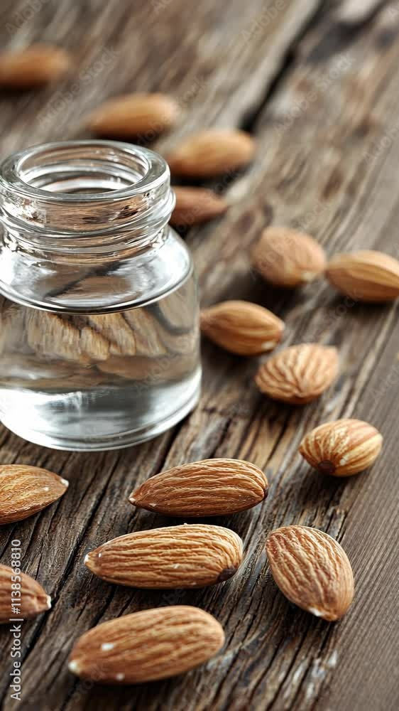 Almonds and clear liquid on rustic wooden surface create a natural and inviting setting for health and wellness Almonds and clear liquid on rustic wooden surface create a natural and inviting setting for health and wellness