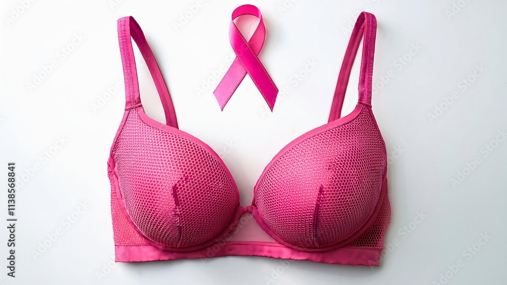 Top view photo of pink ribbon symbol of breast cancer awareness attached to pink bra on isolated white background with copyspace Top view photo of pink ribbon symbol of breast cancer awareness attached to pink bra on isolated white background with copyspace