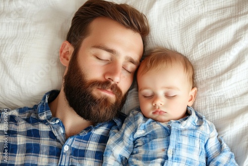 Tender Moment Between Father and Baby, Capturing Their Peaceful Sleep and Connection on a Soft Bedspread in Cozy Blue Plaid Shirts