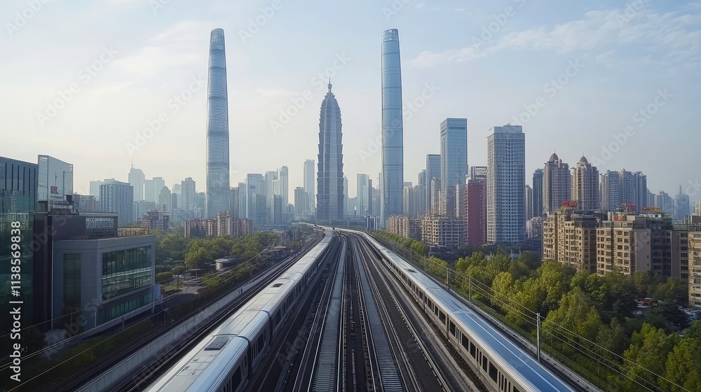 A high-speed train slicing through an urban landscape, with tall skyscrapers and modern architecture reflecting the sleek, futuristic design of the train A high-speed train slicing through an urban landscape, with tall skyscrapers and modern architecture reflecting the sleek, futuristic design of the train