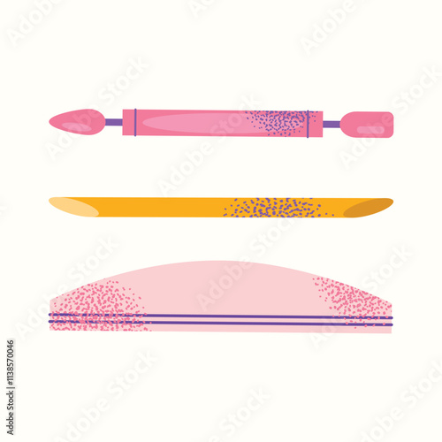 Nail care tools set manicure accessories hands with polished nails. Colorful flat illustration of nail scissors, polish bottles, cuticle nippers, files. Nail care and beauty concept