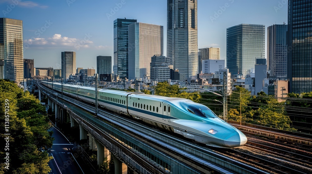 Naklejka premium A high-speed train slicing through an urban landscape, with tall skyscrapers and modern architecture reflecting the sleek, futuristic design of the train