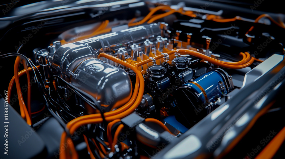 Electric Vehicle Engine with Visible Orange Cables and Battery Cells Electric Vehicle Engine with Visible Orange Cables and Battery Cells