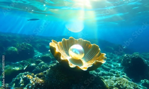 A large, iridescent pearl lies within an open oyster shell, nestled among coral and rocks on the ocean floor.