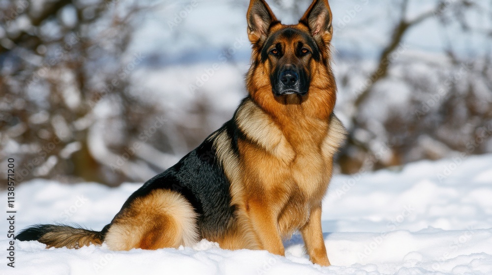 German Shepherd in snowy landscape with serene winter ambiance German Shepherd in snowy landscape with serene winter ambiance