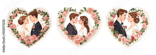 Floral hearts with newlyweds cartoon vector set. Standing together man woman bride groom, anniversary wedding leafs blossoms love symbol, isolated illustration on white background