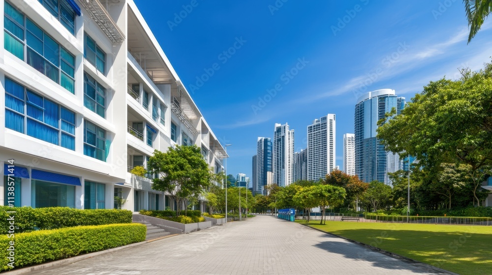 Modern Urban Landscape with Skyscrapers and Clear Blue Sky Modern Urban Landscape with Skyscrapers and Clear Blue Sky