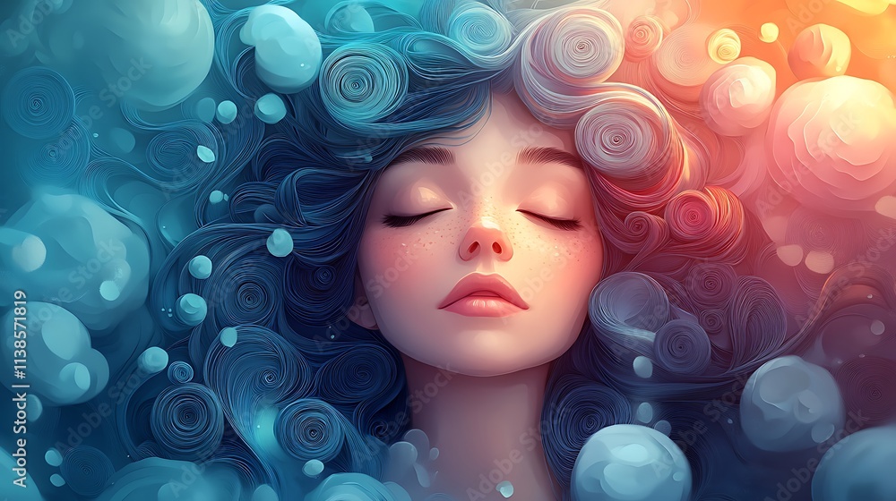 Surreal pastel paper quilling composition of a woman surrounded by circular shapes like a halo Surreal pastel paper quilling composition of a woman surrounded by circular shapes like a halo