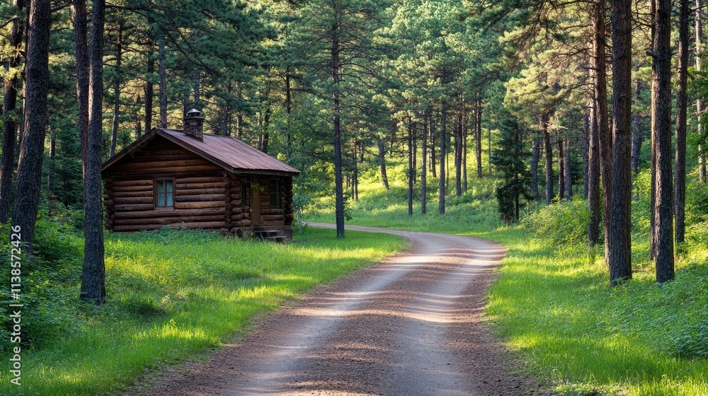 Relaxing wooden log house nestled in the forest with a clear path leading through pine trees on a bright summer day Relaxing wooden log house nestled in the forest with a clear path leading through pine trees on a bright summer day