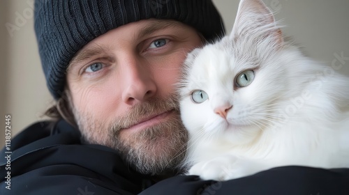 A stylish man with his Siberian cat, textured backdrop, illustrating luxury and regal pet-owner companionship. photo