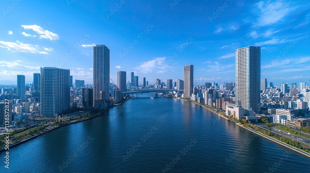 Fototapeta premium A bustling metropolitan skyline with towering skyscrapers and bridges. 