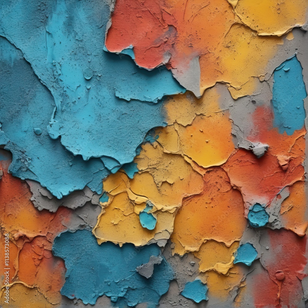 Colorful cracked wall showing layers of paint in abstract pattern Colorful cracked wall showing layers of paint in abstract pattern