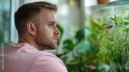 A man with a tropical fish tank, colorful lighting, detailed composition, aquatic pet care and serene home aesthetics. photo