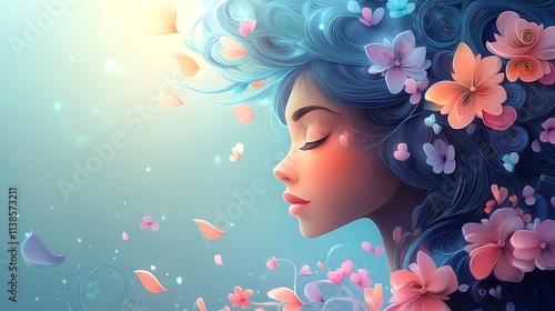 Dreamlike quilling composition of a woman with pastel floral ribbons creating her silhouette