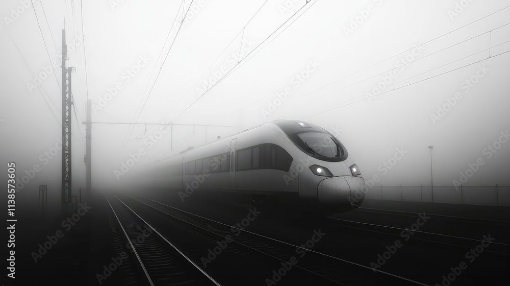 Fototapeta premium A high-speed train speeding through a foggy morning, with only the silhouette of the train visible through the dense mist