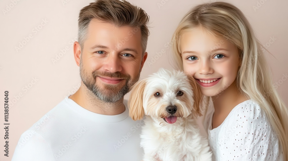 A family posing with their small dog, cohesive warm-toned studio setup, modern and cheerful composition, family with pet A family posing with their small dog, cohesive warm-toned studio setup, modern and cheerful composition, family with pet