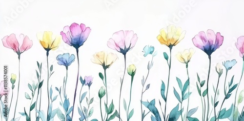 A seamless wildflower watercolor pattern featuring botanical illustrations drawn by hand.Botanical hand-drawn watercolor wildflowers arranged in a seamless pattern.Hand-drawn botanical illustrations