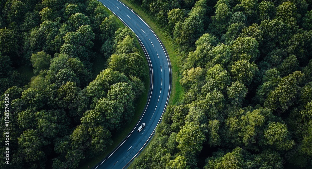 Fototapeta premium Winding road through lush green forest in a serene natural landscape