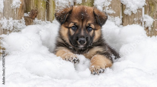 Playful GermanShepherd puppy in snowy landscape under soft light photo