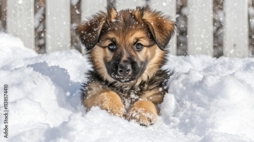 Playful GermanShepherd puppy in snowy landscape under soft light photo