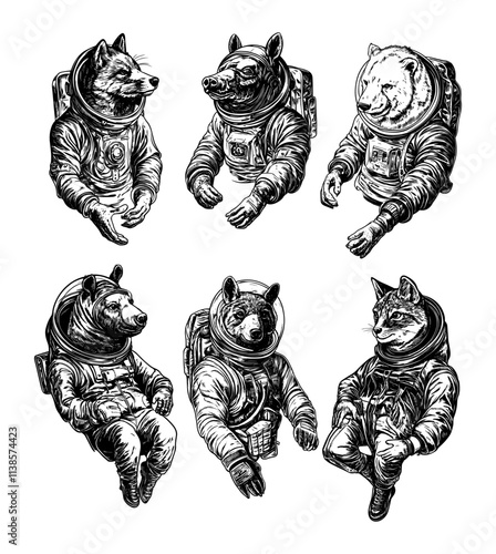 Fox bear astronauts engraving vector set. Space suit cosmonauts animals characters, crew orbital explorers, monochrome ink sketch isolated illustrations on white background