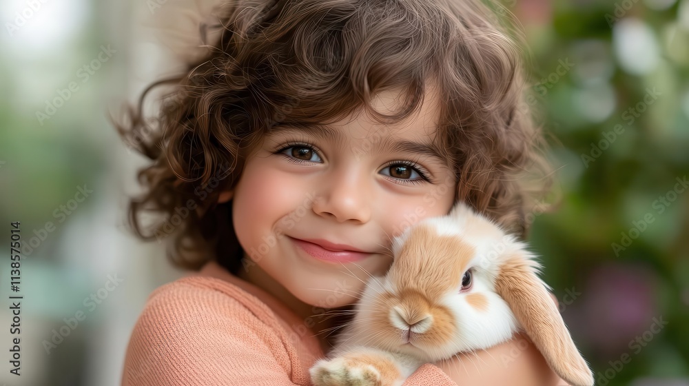 A child hugging a rabbit, vibrant studio setup with colorful props, capturing innocence and tender friendship, family-friendly imagery. A child hugging a rabbit, vibrant studio setup with colorful props, capturing innocence and tender friendship, family-friendly imagery.