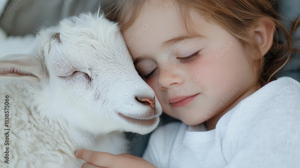 A child and a goat, playful studio setup, rural charm meets modern aesthetics, with an unexpected twist of unique pet companionship.
