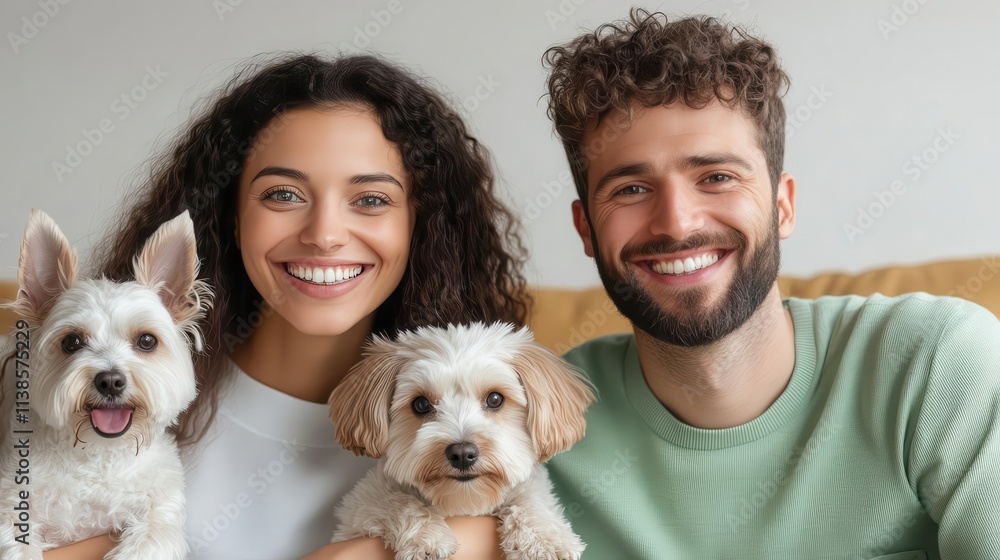 In the studio, a happy couple is seated on a couch, each cradling a unique dog breed in their arms. In the studio, a happy couple is seated on a couch, each cradling a unique dog breed in their arms.