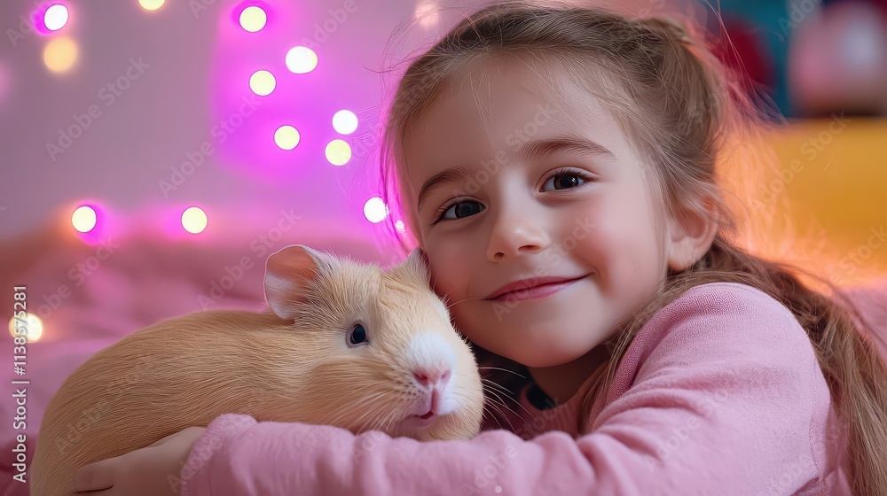 A cheerful child posing with a fluffy guinea pig, with bright, colorful lighting. A cheerful child posing with a fluffy guinea pig, with bright, colorful lighting.