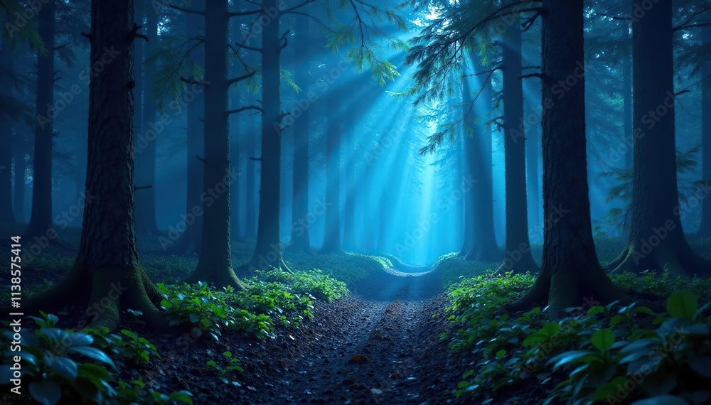 Naklejka premium Forest floor illuminated by an unearthly, blue-white glow, , illumination
