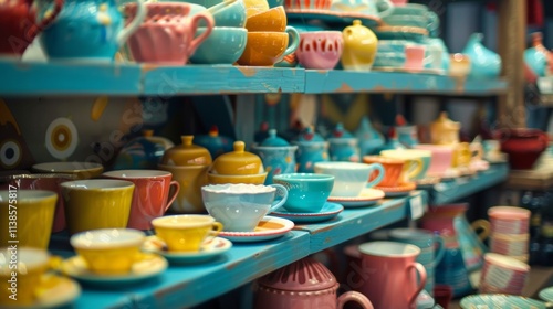 Wallpaper Mural Colorful ceramic teapots and cups arranged on a shelf Torontodigital.ca