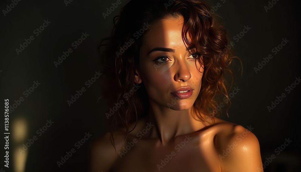 Naklejka premium Women portrait.The dramatic play of light and shadow adds depth and intrigue to the composition, creating a captivating visual narrative in the scene.Seductive woman