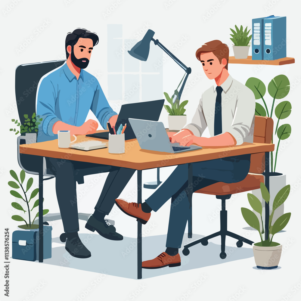 Fototapeta premium a man is using his laptop sitting on a chair looking in the laptop colourful vector on a white background