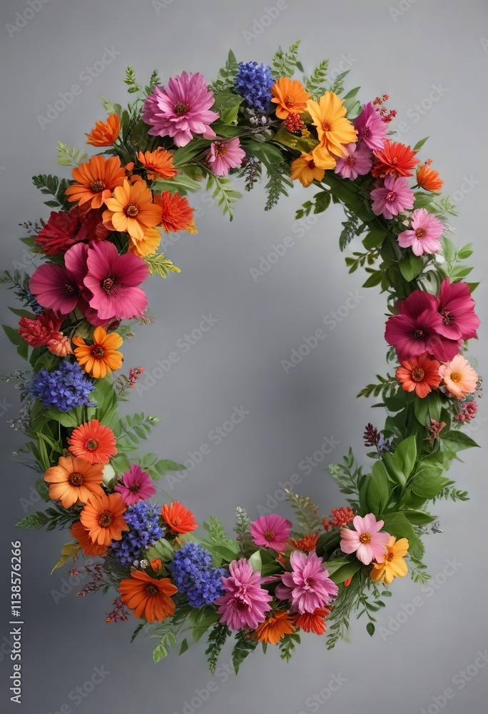 Fototapeta premium Fresh flowers and leaves in a circular wreath, botanical, vibrant