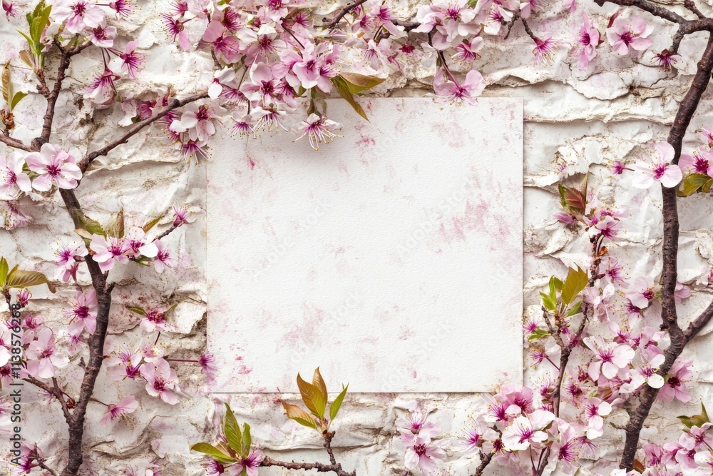 Fototapeta premium White paper with spring flowers surrounding it, ready for copying, shown from a top view. Created using Stock..A white sheet of paper decorated with spring flowers, suitable for copying, presented in