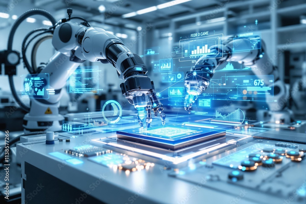 Smart factory robotics. Robotic arms assemble circuit boards with digital interface in a modern factory. Smart factory robotics. Robotic arms assemble circuit boards with digital interface in a modern factory.