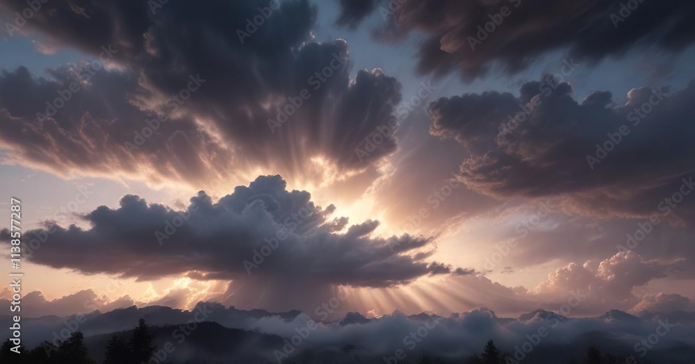 Fototapeta premium Gentle beam of light breaks through layered clouds during tranquil evening hours, warm glow , natural wonder, evening scene