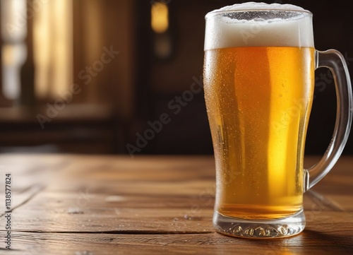 Glass of cold beer with water drops on a wooden table, surface, cold beer, craft beer photo