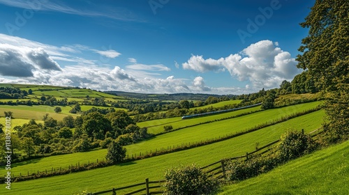 A high-speed train speeding through the lush green countryside, with rolling hills and fields stretching out under a bright blue sky