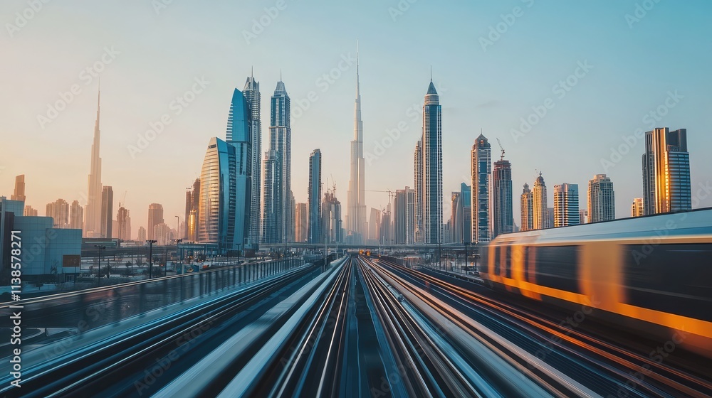 Fototapeta premium A high-speed train speeding toward a city skyline, with the towering buildings and glass facades standing tall against a clear, sunny sky