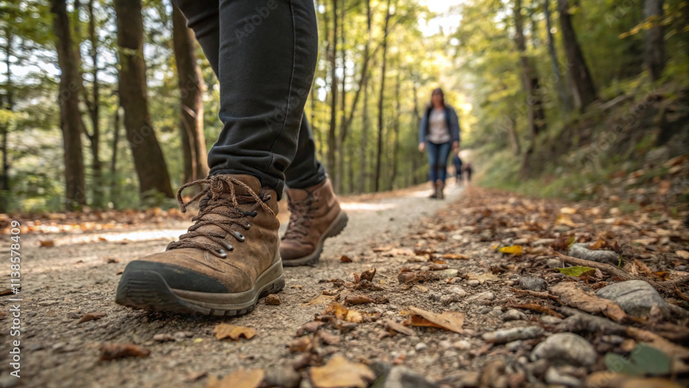 Hiking in Spring Forest, Close-up of Hikers Feet on a Trail, Active Lifestyle, Outdoor Activity in Nature Hiking in Spring Forest, Close-up of Hikers Feet on a Trail, Active Lifestyle, Outdoor Activity in Nature