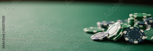 Stack of poker chips on green felt surface signifies gambling, luck, strategy, and risk in games of chance. photo