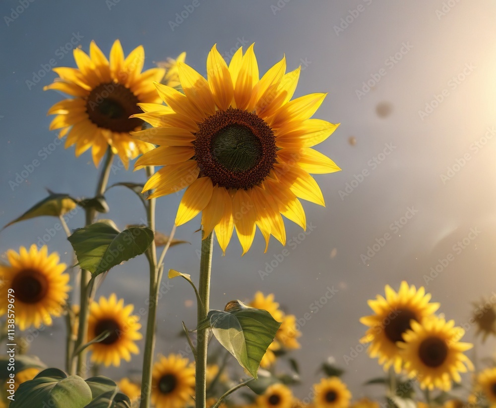 Obraz premium Golden sunflower petals gently fall from the sky, soft focus, , clouded sky