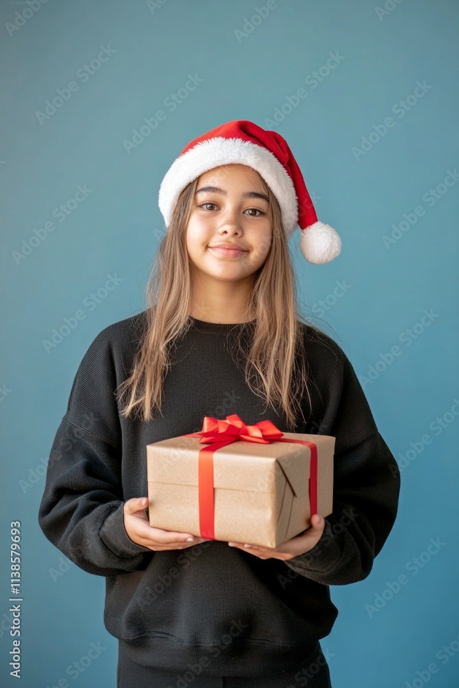 Copy space. Isolated white brazilian young woman in red holiday hat with parcel in hands, on blue background. Kid christmas joy. Blue santa decor. Blue santa theme. Kid holiday excitement. Copy space. Isolated white brazilian young woman in red holiday hat with parcel in hands, on blue background. Kid christmas joy. Blue santa decor. Blue santa theme. Kid holiday excitement.