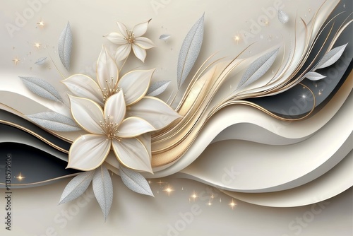 Abstract white flowers on a black background with gold, forming a seamless pattern..A seamless texture showcasing abstract white flowers against a black backdrop, accentuated with gold..Abstract