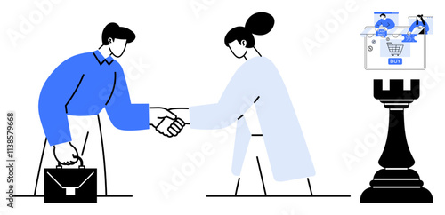 Man and woman shaking hands, representing business agreement, e-commerce screen and chess rook. Ideal for business partnerships, e-commerce, technology integration, digital collaboration, strategic