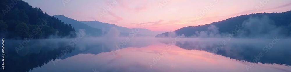 Fototapeta premium Gradient mist shrouds a tranquil lake at dusk, serenity, calm, tranquil